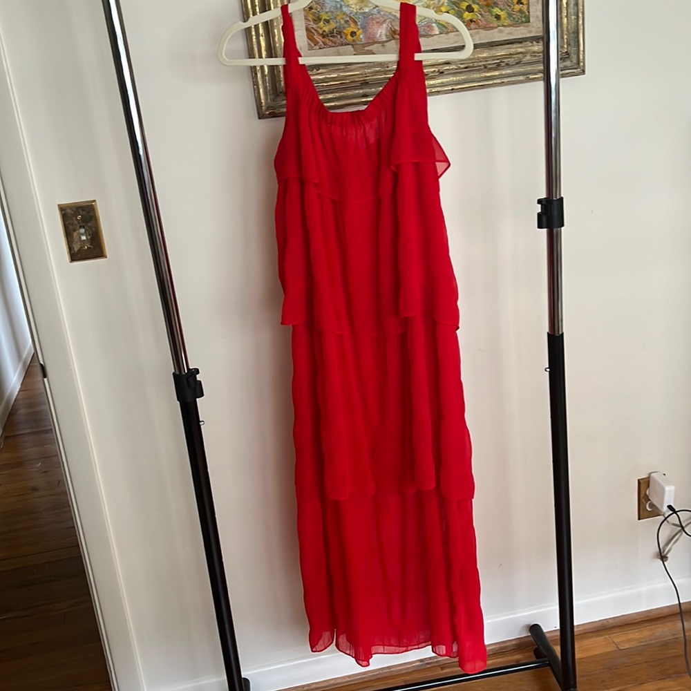 Red Piplette by Alice Ritter sleeveless tie-strap tiered maxi dress.